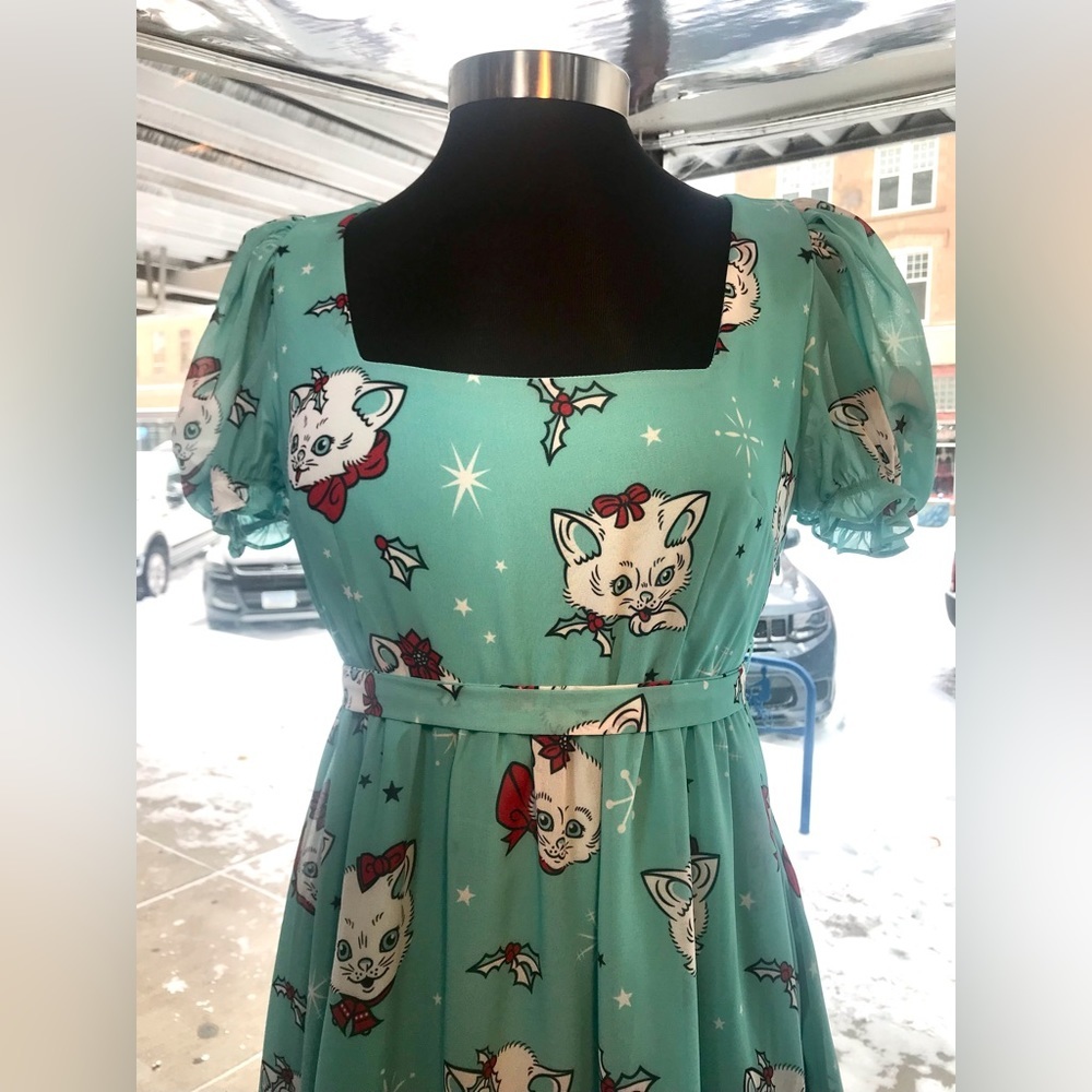 Sourpuss Christmas Kitties Women’s Cream Puff Dress Ice Blue New - Picture 1 of 11
